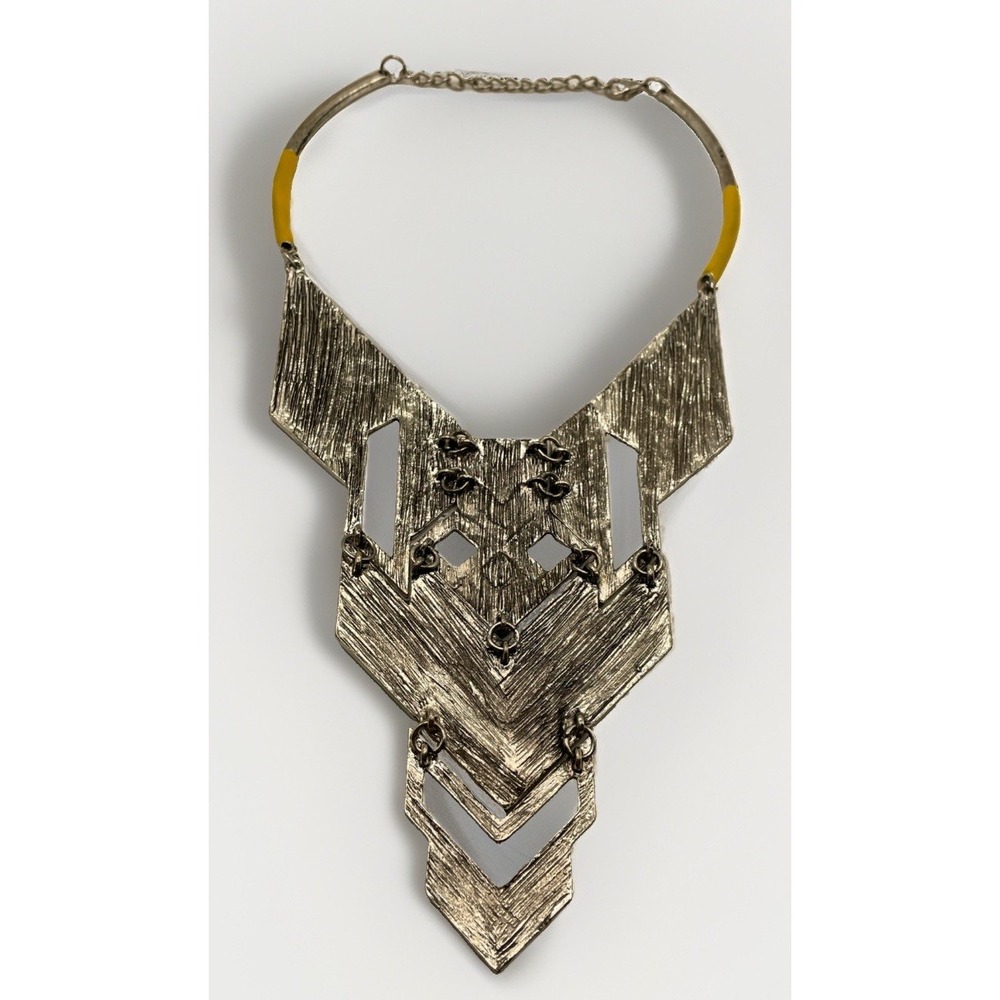 Geometric Silver Tone Aztec Yellow Teal Enamel Statement Necklace Collar - Picture 4 of 4